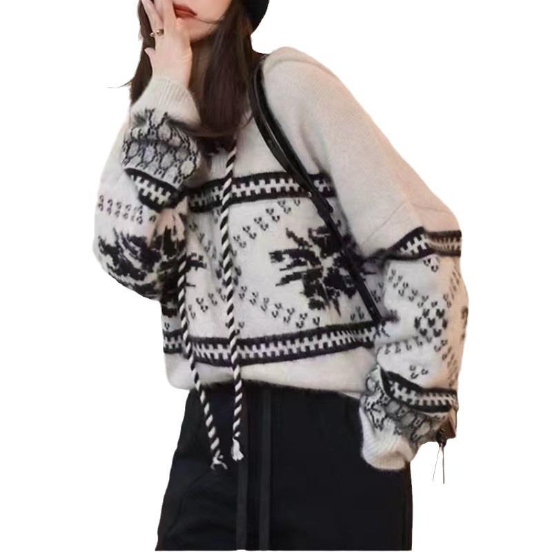 Vintage Christmas red top autumn and winter new lazy wind loose soft waxy knitted hoodie sweater women