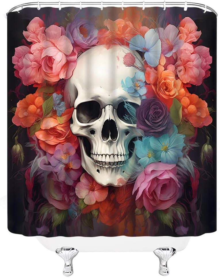 Sugar Skull Shower Curtain Gothic Halloween Watercolor Vintage Floral Spooky Skeleton Skull Horror Fabric Bathroom Decor Set