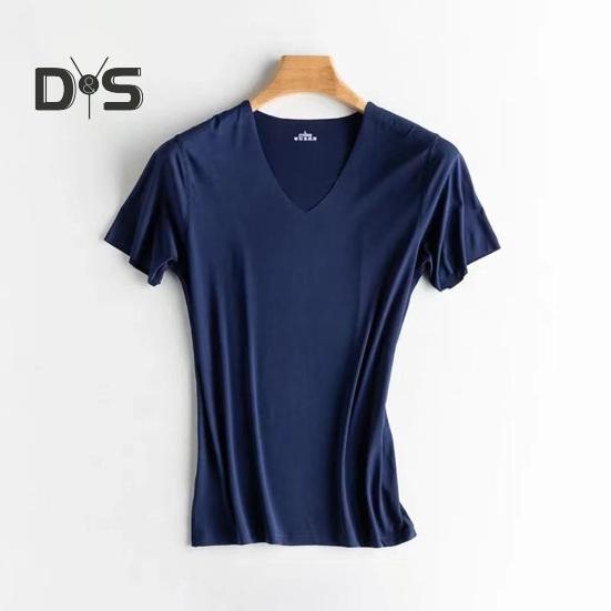 Men Summer T-shirt V Neck Thin Ice Silk Solid Color Thin Stretchy Pullover Mid Length Sweat Absorption Quick-drying Sport Fitness Top