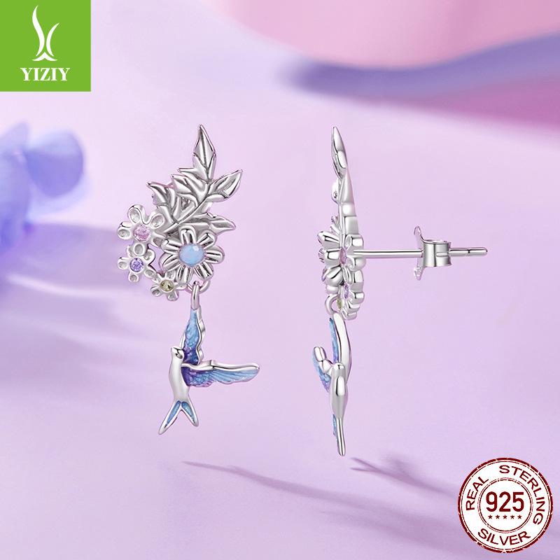 Purple Flower Bird Stud Earrings Female S925 Sterling Silver Tide Super Fairy Niche Exquisite Light Luxury Earrings Female