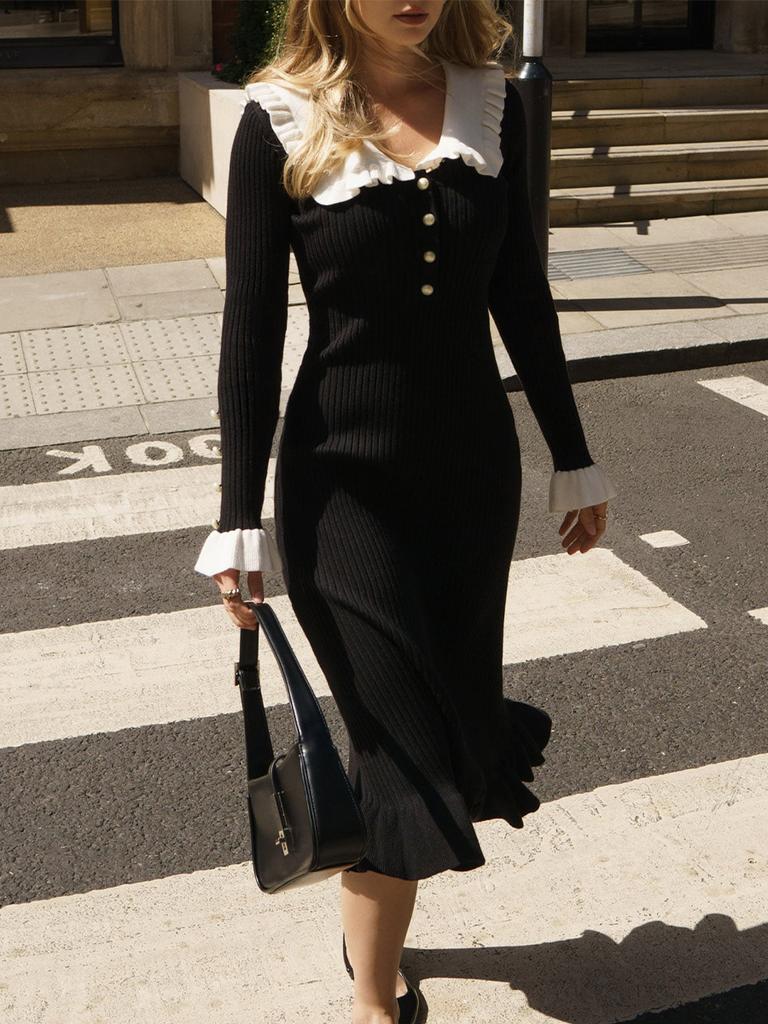 Vintage Women's Dress with Ruffle Edge Knitted Dress Autumn and Winter Wool Dress