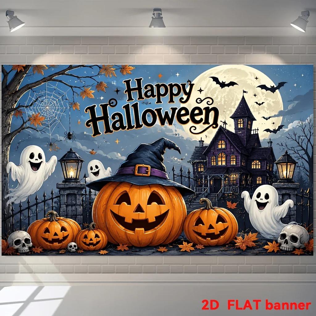 2D Planar Flag, 2D Plane - 1 Piece 2D Flag - Halloween Theme Party Banner Background, with Pumpkin Lanternszyc