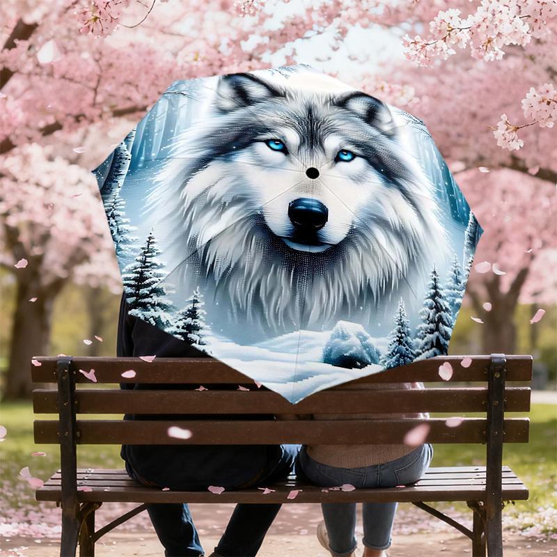 1PC Wolf Snowy Forest Umbrella-8-Rib Reinforced Portable Folding Travel Suitable for All Seasons Outdoor Daily Use  -J0323
