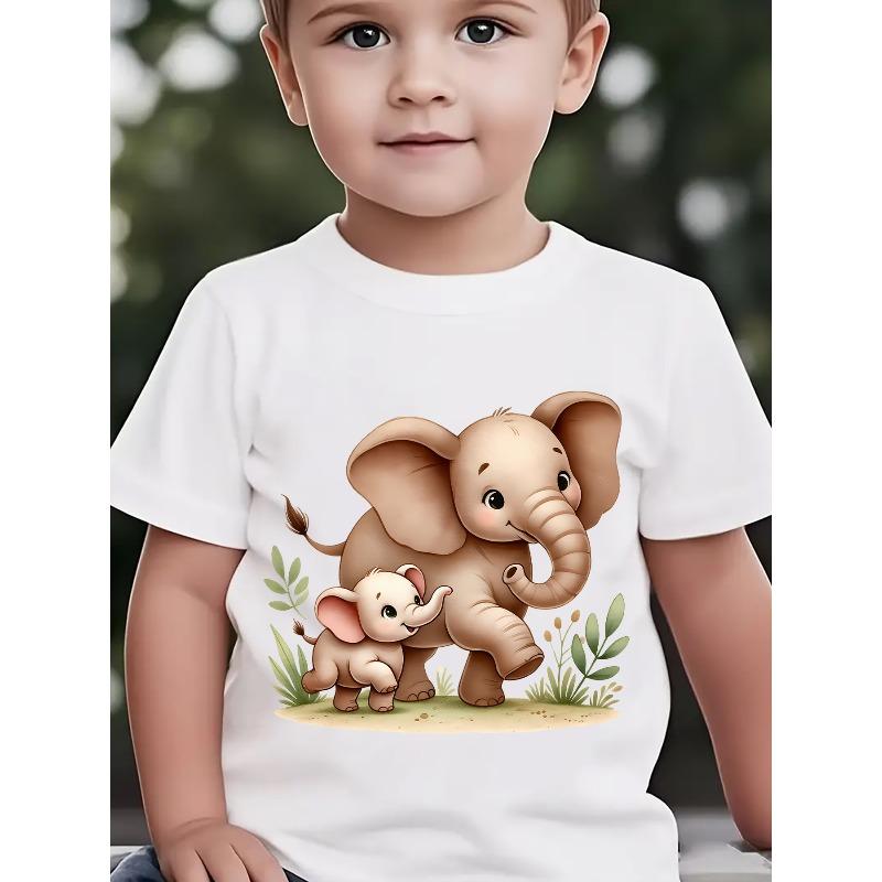 European sizes Summer Boys Fashion Short-Sleeve T-Shirt with Elephant and Baby Elephant Cartoon Print, Outdoor Casual Top 110