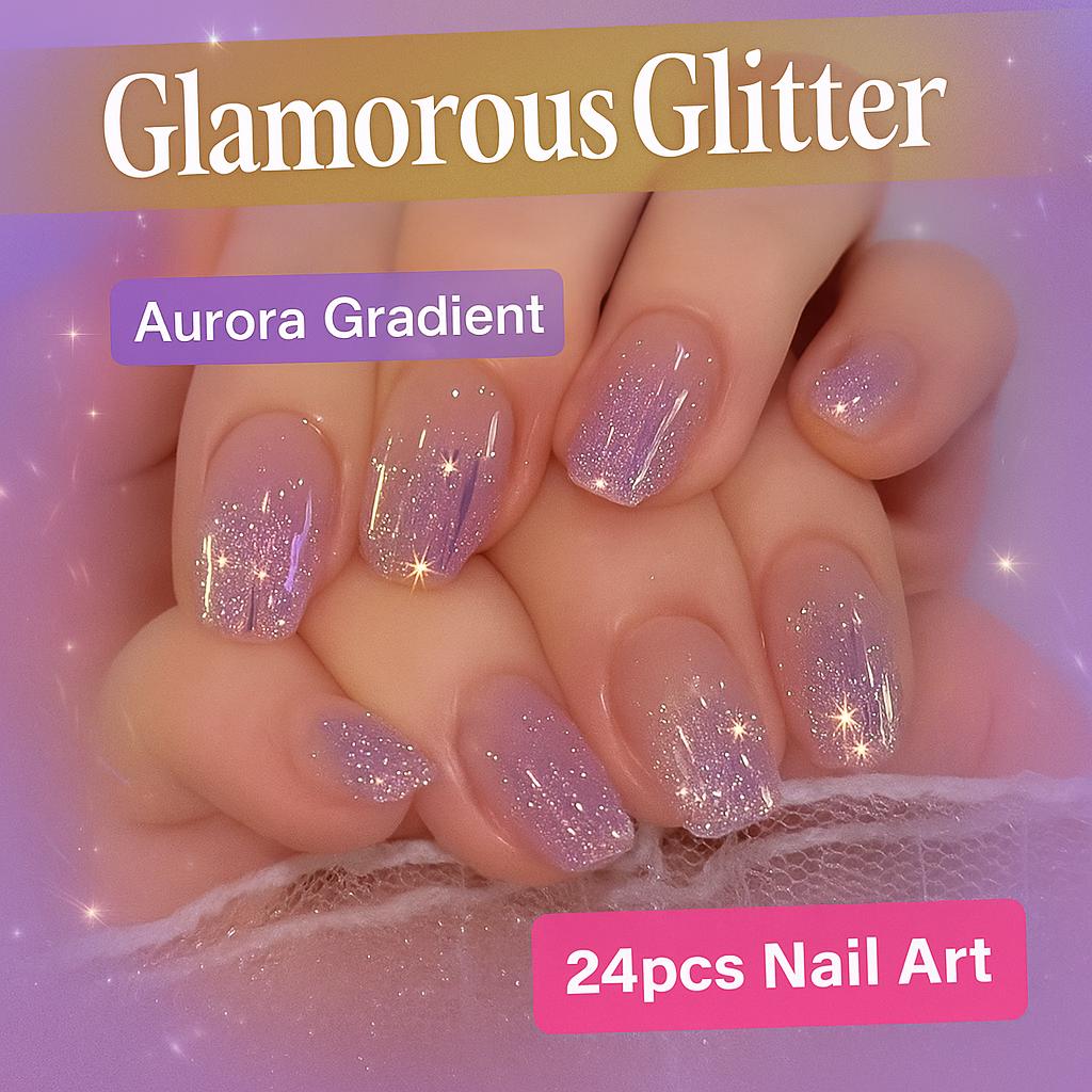 24 Stück Kurze Sarg Ballett Aufklebe-Nägel Aurora Lila Farbverlauf Falsche Nägel mit Glitzer Pailletten Vollständige Abdeckung Künstliche Nägel für Frauen und Mädchen