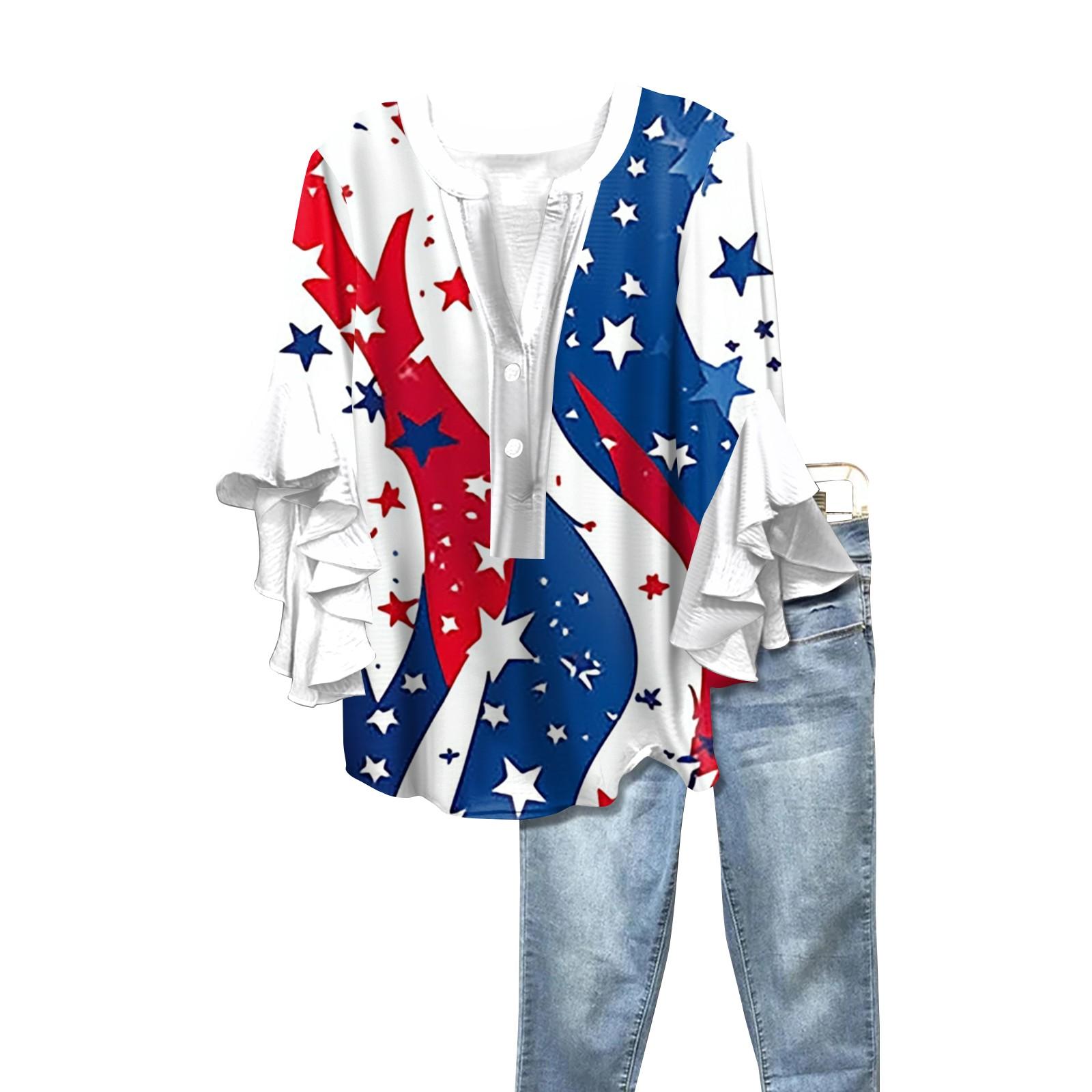 

Summer Women s Tops V Neck Seven Sleeve Shirt Independence Day Printed Tops Casual Shirt XL тёмно-синий