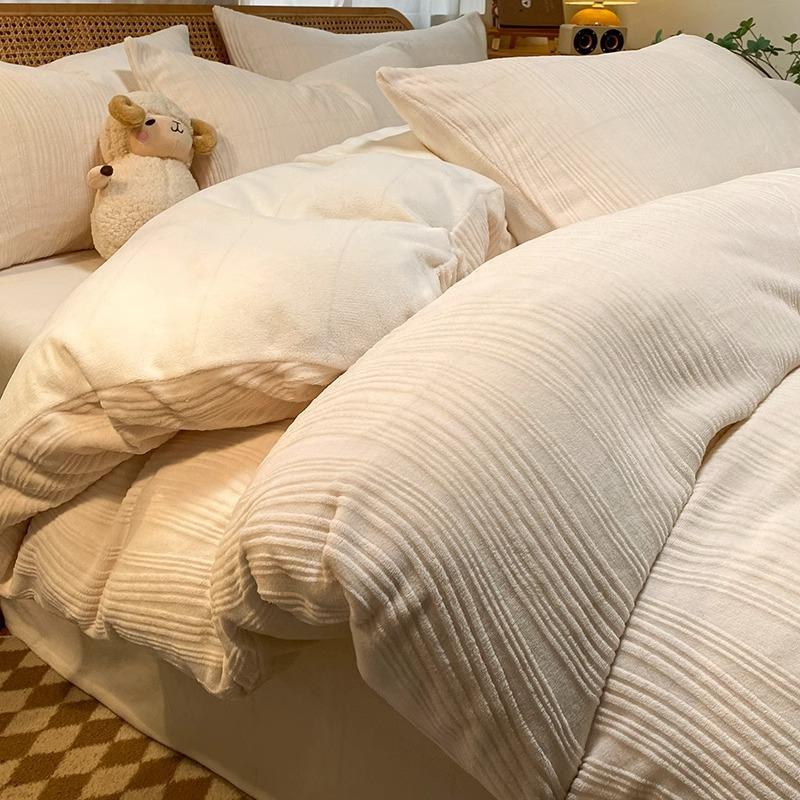 Double-Sided Thickened Milk Coral Fleece Bed Four-Piece Set Fleece Quilt Cover Coral Flannel Bed Sheet Bedding