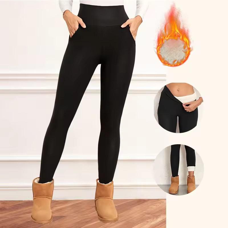 Damen Samt Leggings mit Taschen Herbst Winter Warm Fleece Strumpfhose Samt Einfarbig Kälteverhindernde Leggings Stretch Leggings