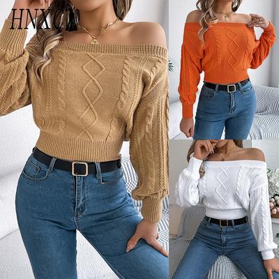 Autumn and Winter Casual Solid Color One-shoulder Off-the-shoulder Long-sleeved Pullover Sweater Women's Wear