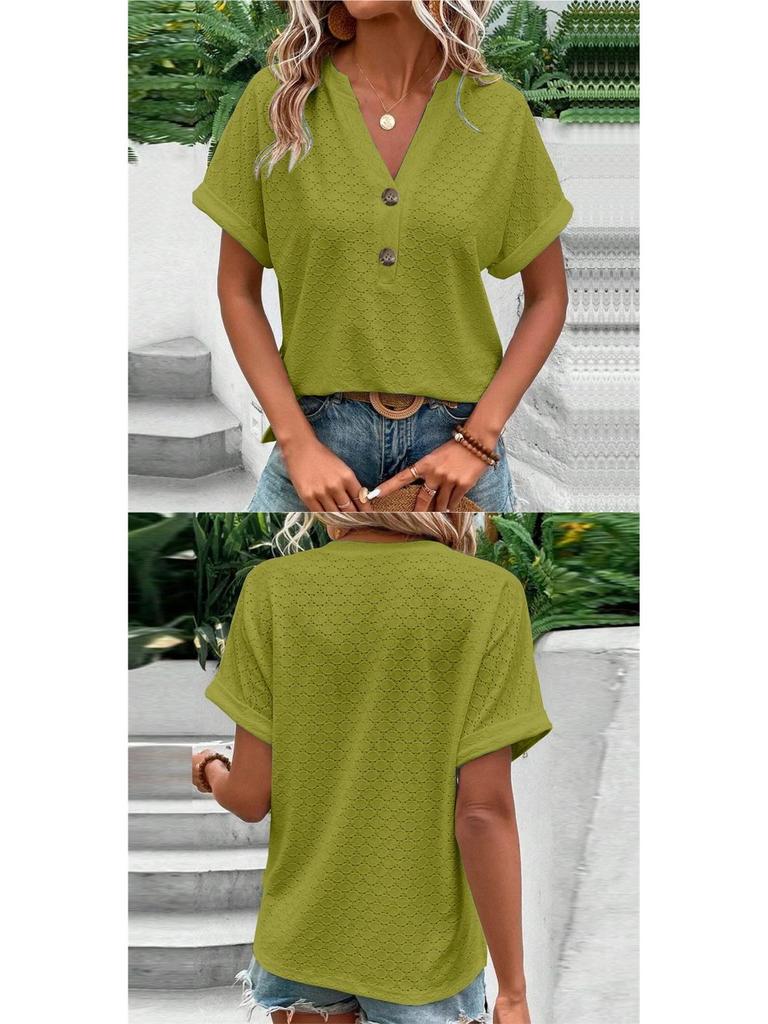 Spring/Summer 2026 Women's Casual V-Neck Button T-Shirt - Sweet Short Sleeve, Solid Color