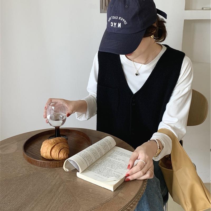 Korean Version Solid Pocket Knitted Vest Cardigan Women's Autumn Winter New Loose Fashion V-neck Sleeveless Sweater Vest
