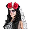 Day of the Dead Flower Crown Headband Skull and Ghost with Black Veil Halloween Rose Headpiece Exaggerated Cosplay Hairband