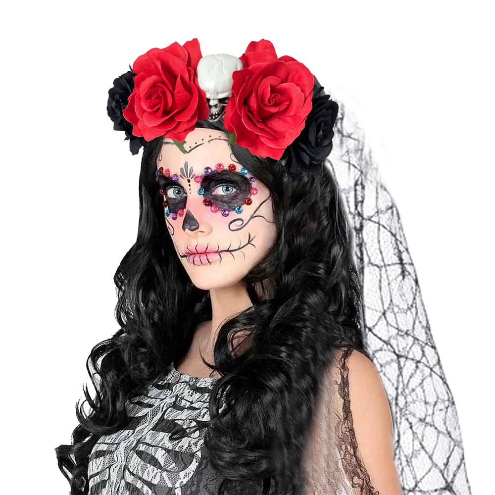 Day of the Dead Flower Crown Headband Skull and Ghost with Black Veil Halloween Rose Headpiece Exaggerated Cosplay Hairband