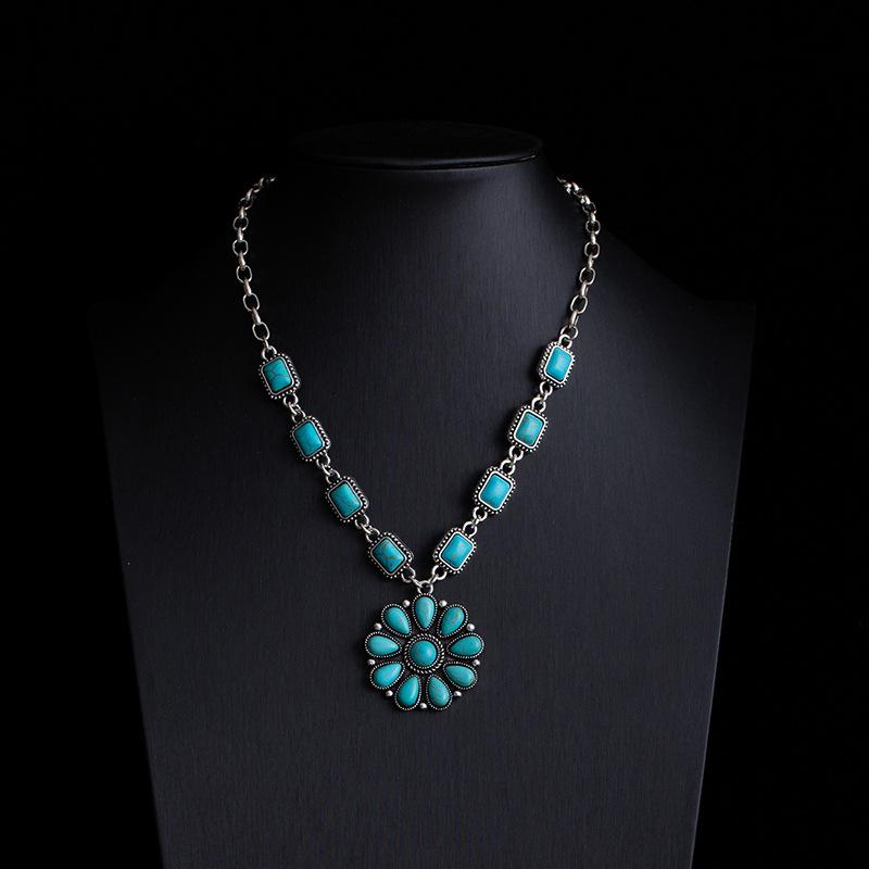 Bohemian Retro Ethnic Style Turquoise Necklace Female Western Denim Style Multi-Layered Wearing High-End Sweater Chain