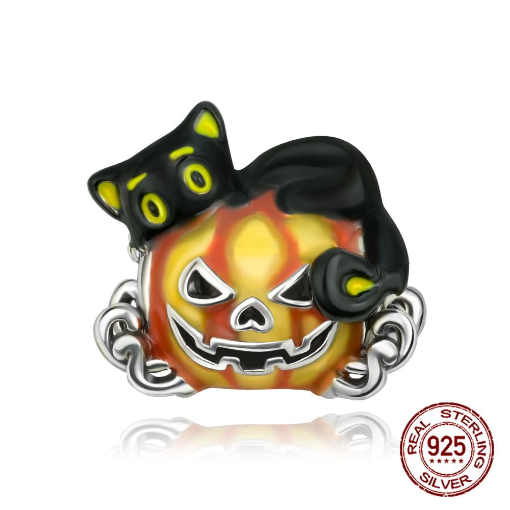 

copper Halloween Cat and Pumpkin Charm Bead Charms Compatible With Authentic Charm Bracelets Women Do It Yourself Jewellery Gift