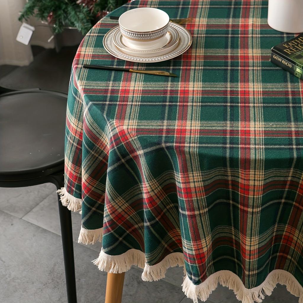 Vintage Red Green Plaid Tablecloth With Tassels, Perfect For Christmas & Party Table Decor.