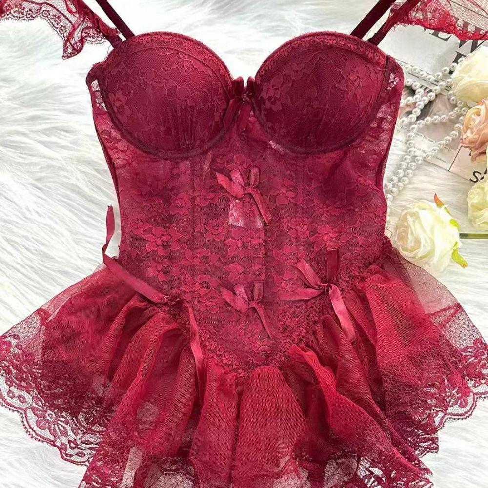 Flounce Lace Lingerie Women Bowknot See Through Night Dress Sweet Lace Sling Nightdress Sleep