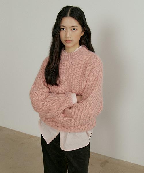 Lingseoul Kid Mohair Half Neck Knit-Pink
