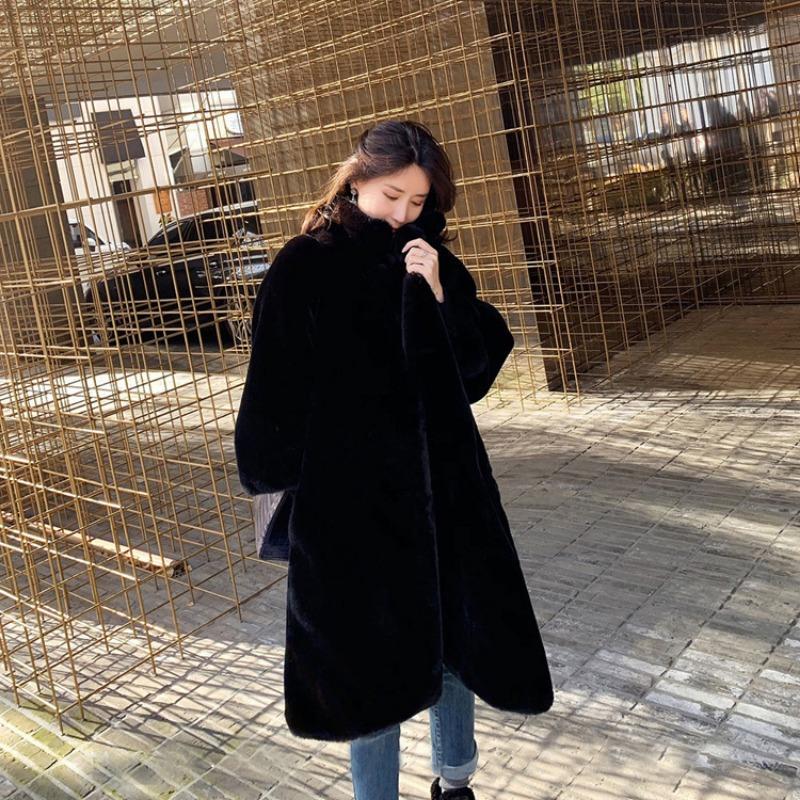Winter new imitation fur imitation mink plush medium and long coat stand-up collar thickened loose coat women
