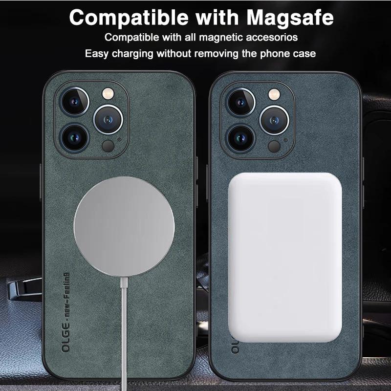For Magsafe Wireless Charging Leather Case For iPhone 15 Pro Max 14 13 12 Pro Max Plus 11 Luxury Sheepskin Iron Ring Phone Cover