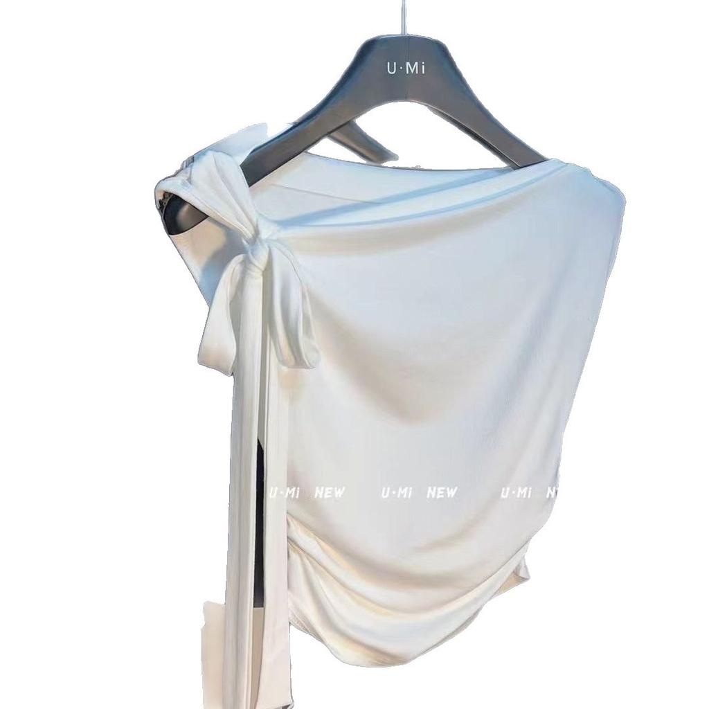 Summer new Korean version design sense niche one-word shoulder short-sleeved T-shirt women's pure desire style slim-fitting and thin top