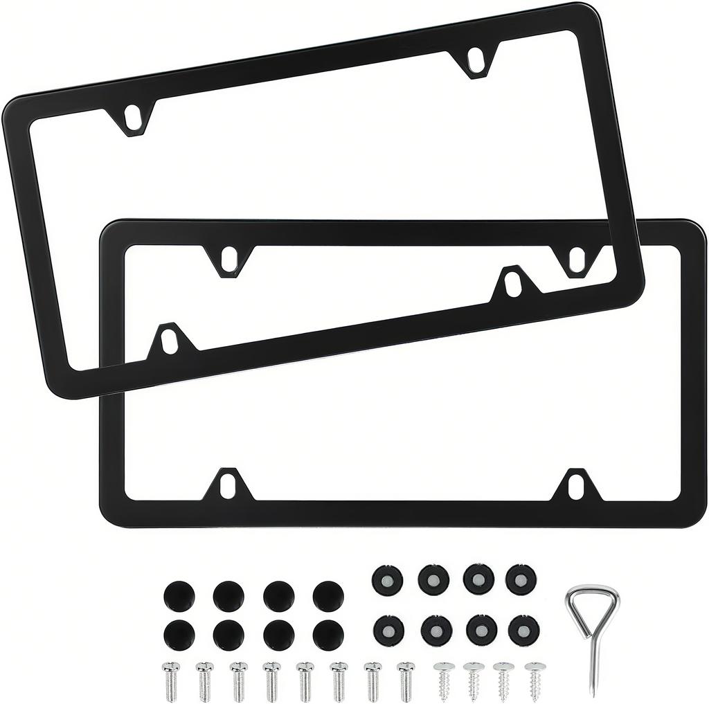 2 Pcs Stainless Steel US-Spec License Plate Frame with Square Holes and Slim Edges Includes Accessory Screws and Wrench US Size