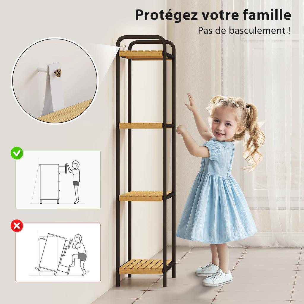 Bathroom shelf 4-level narrow freestanding storage shelf bamboo 1.5 x 21.5 x 106 cm natural wood effect