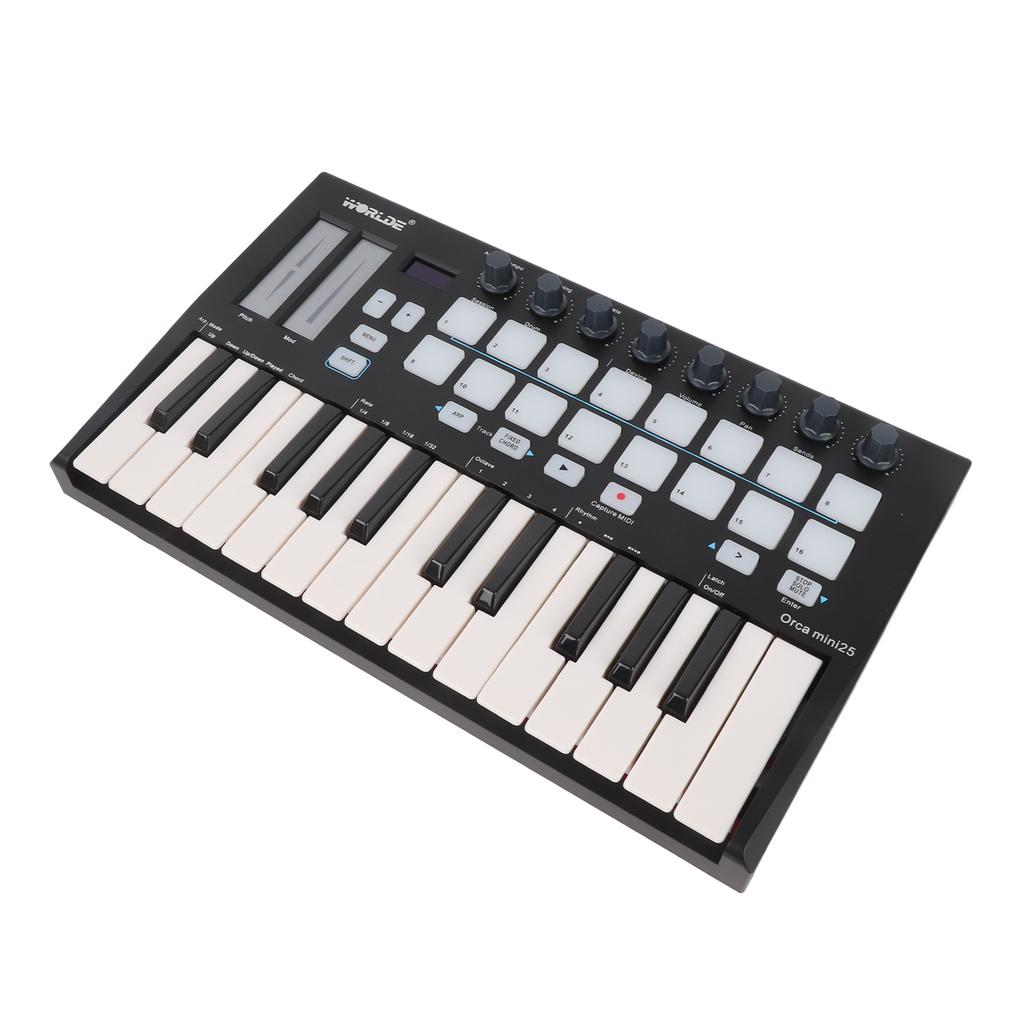 Portable 25 Key USB MIDI Keyboard Controller with 16 RGB Backlit Trigger Pads 8 Assignable Control Knobs
