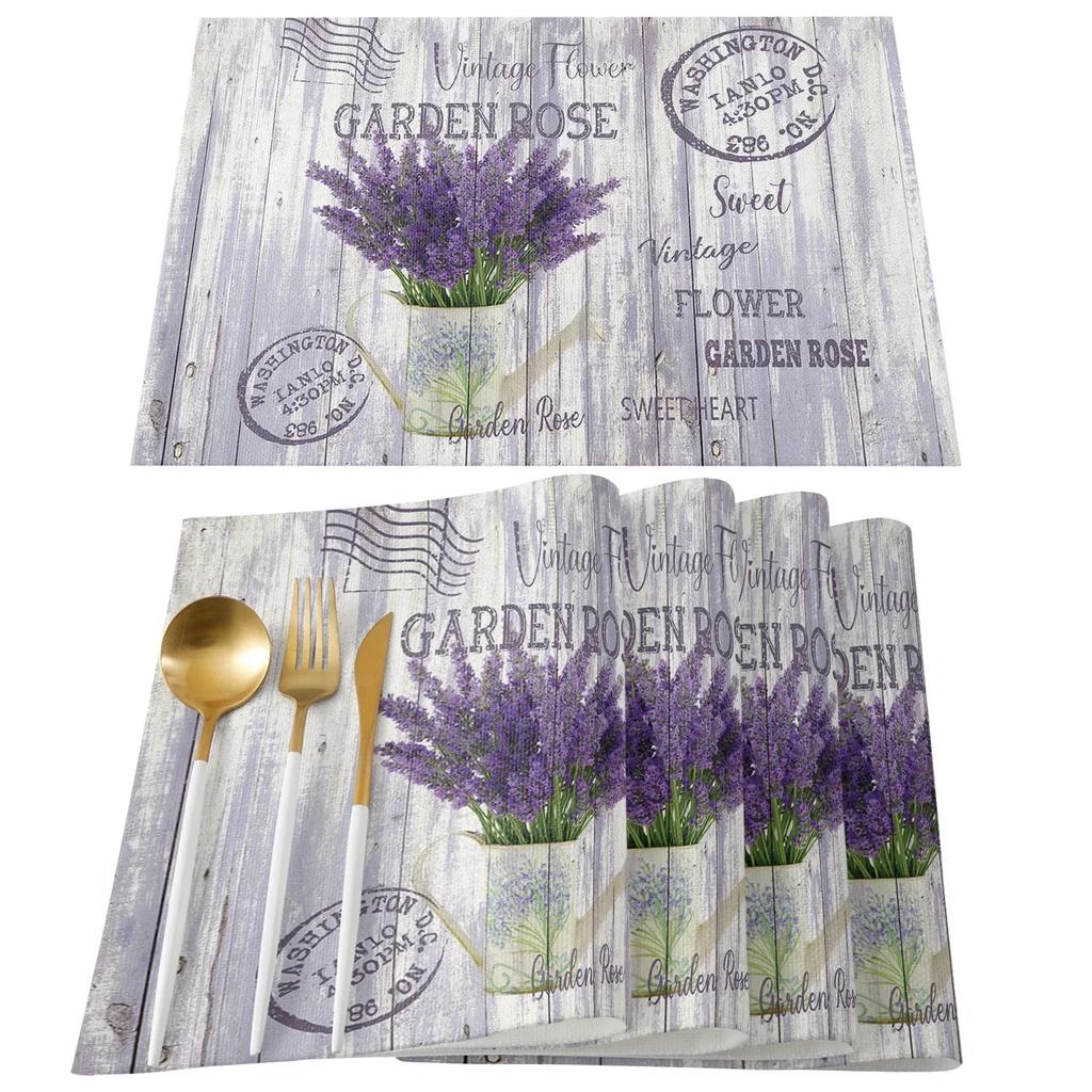 1PC Table Mats Purple Lavender Printed Linen   Kitchen Accessories Home Party Decorative Placemats