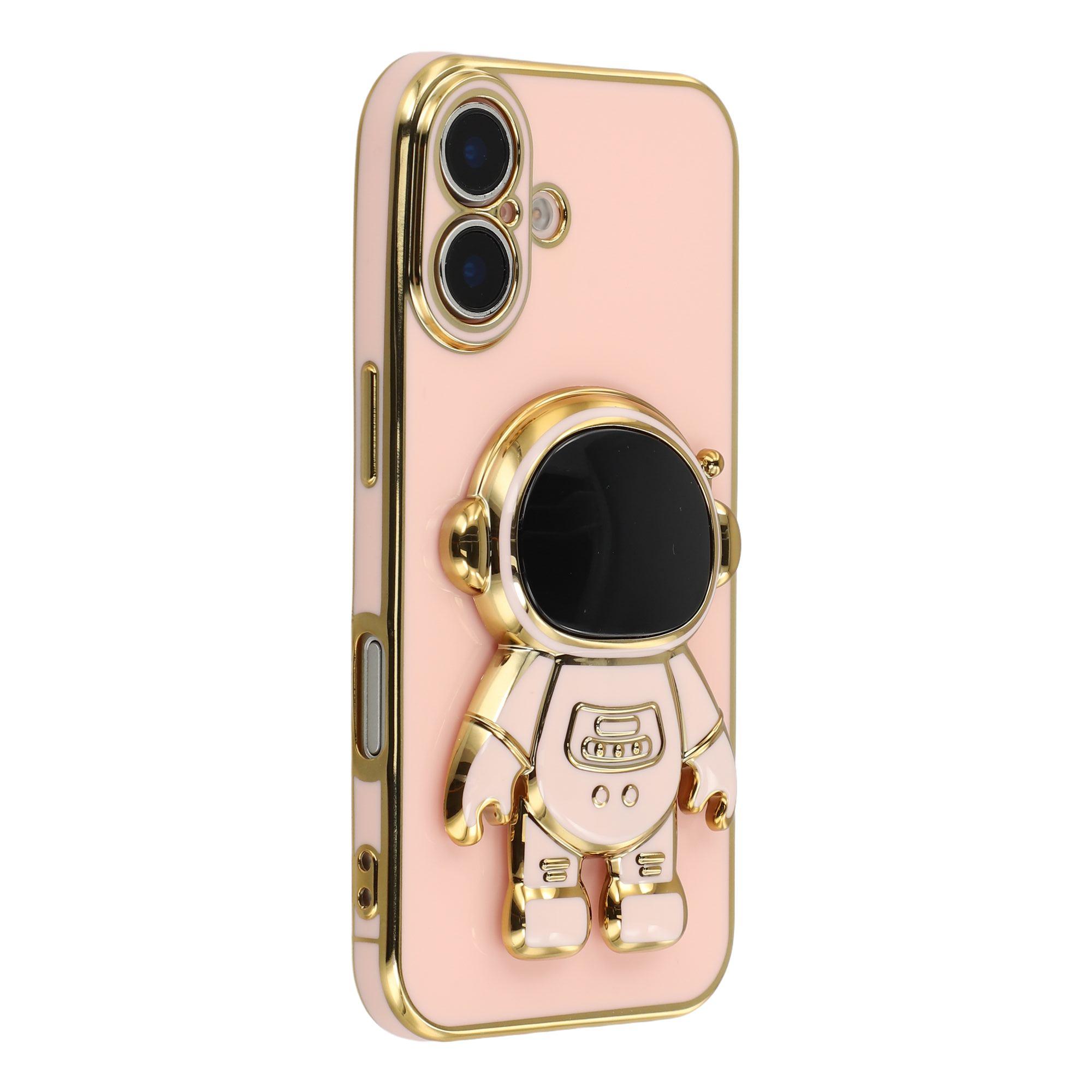 

Чехол для iPhone 16 с гальваническим покрытием, мягкая TPU накладка на телефон с потайной подставкой в виде космонавта Pink