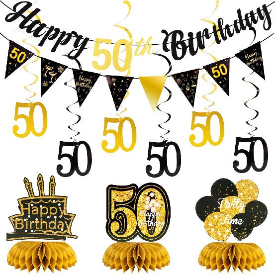 30th Birthday Decorations for Him Pre Assembled Black Gold Happy 30th Birthday Banner, Hanging Swirls and Table Honeycombs Centerpieces for Men 30th