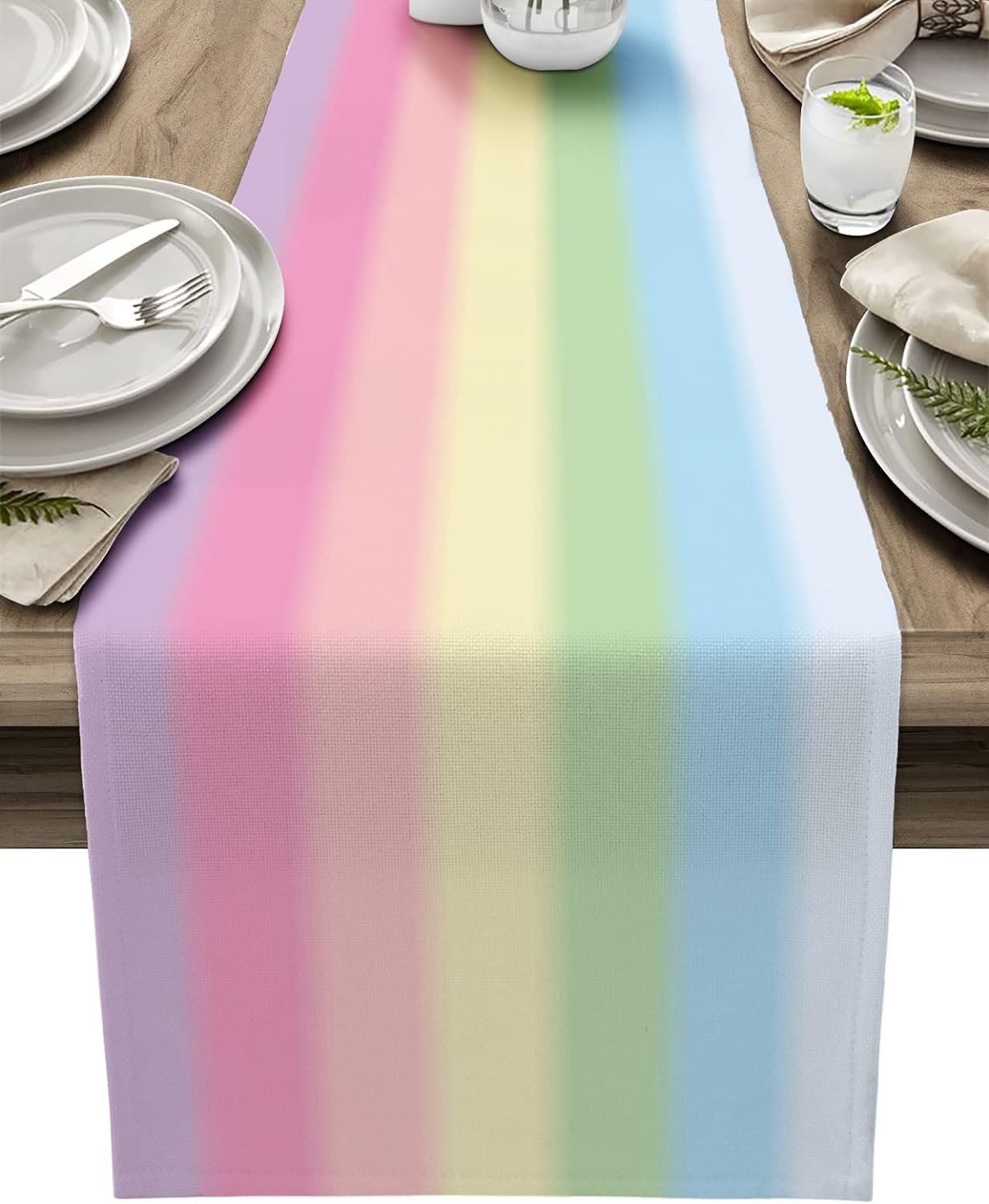 Jingyue Pet Candy Rainbow Stripes Linen Table Runners Washable Art Texture Dresser Scarf Table Decor Holiday Wedding Home Dining Party Decor
