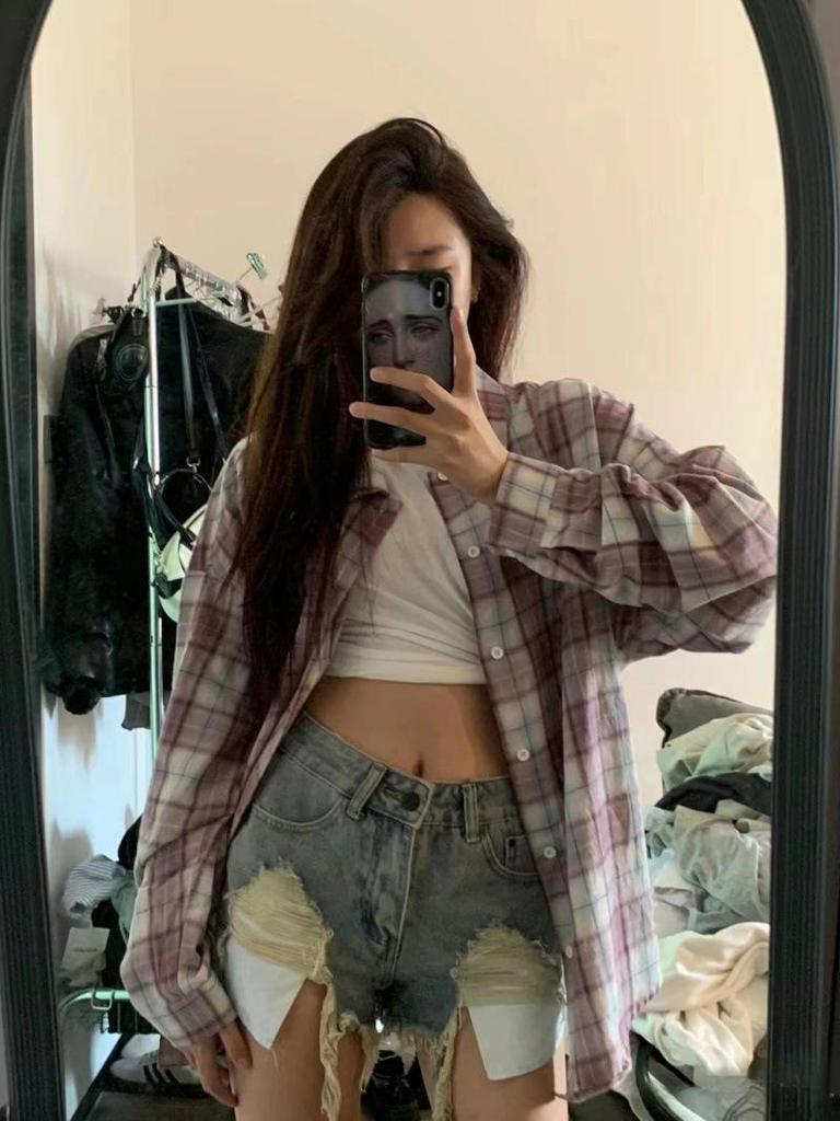 Women's Korean Style Plaid Long-Sleeve Jacket - Spring/Autumn Casual Loose Fit