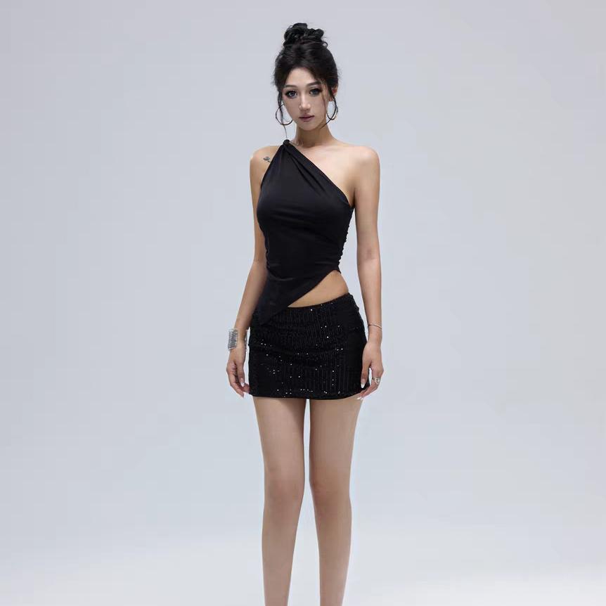 2025 Nové Módní Ležérní Dámské Tričko Jednobarevné Jedno Rameno Asymetrický Slim Fit Top Jednodílný Výstřih