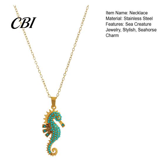 Exquisite Seahorse Jewelry Women Blue Necklace, Rhinestone Pendant Stylish Sea Charming Neck Creature Summer Beach Gift for Her Wife Girlfriend