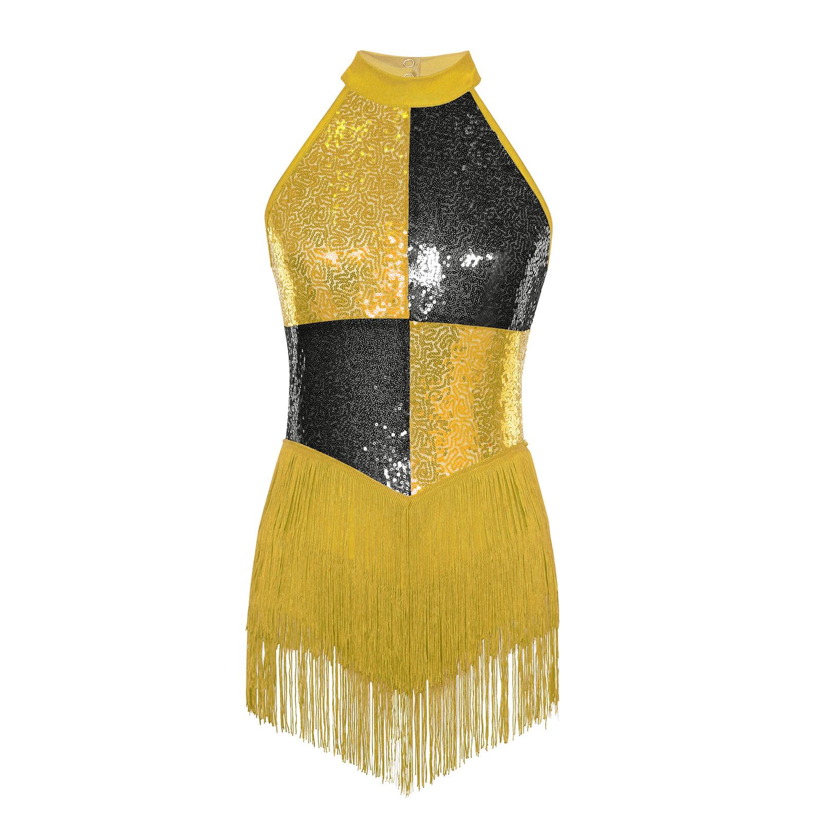 

Womens Latin Dance Costume Sleeveless Backless Color Block Design Shiny Sequins Tassels Leotard S золотий