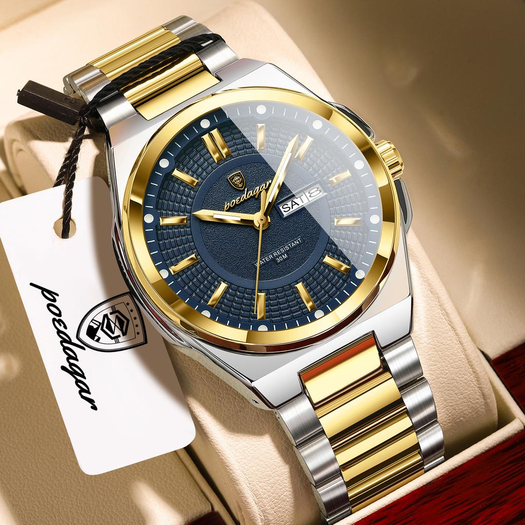 POEDAGAR Fashion Brand Men Wristwatch Stainless Steel Waterproof Luminous Male Watch Date Week Men's Watches Quartz Reloj Hombre