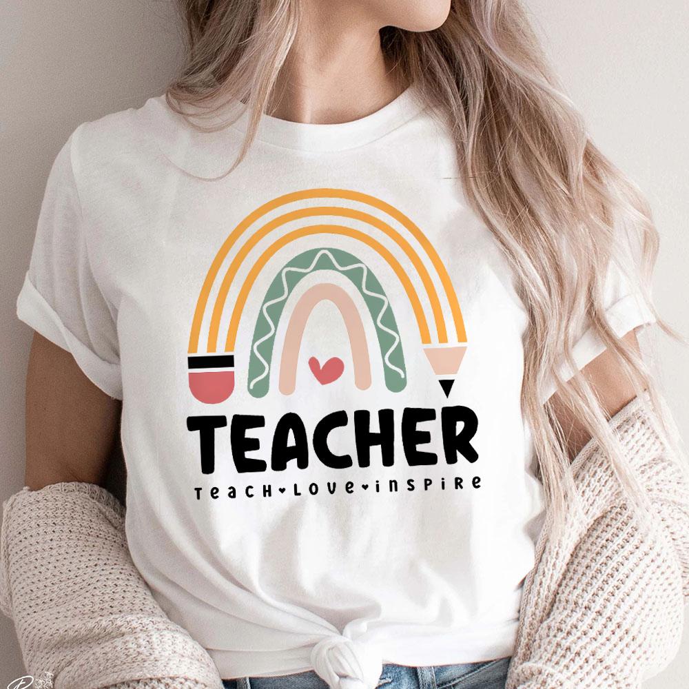 

Teacher Rainbow Women White T Shirt Summer Girl Harajuku 90s Clothes Female Tee Teach Love Inspire Short Sleeve Female Tshirt