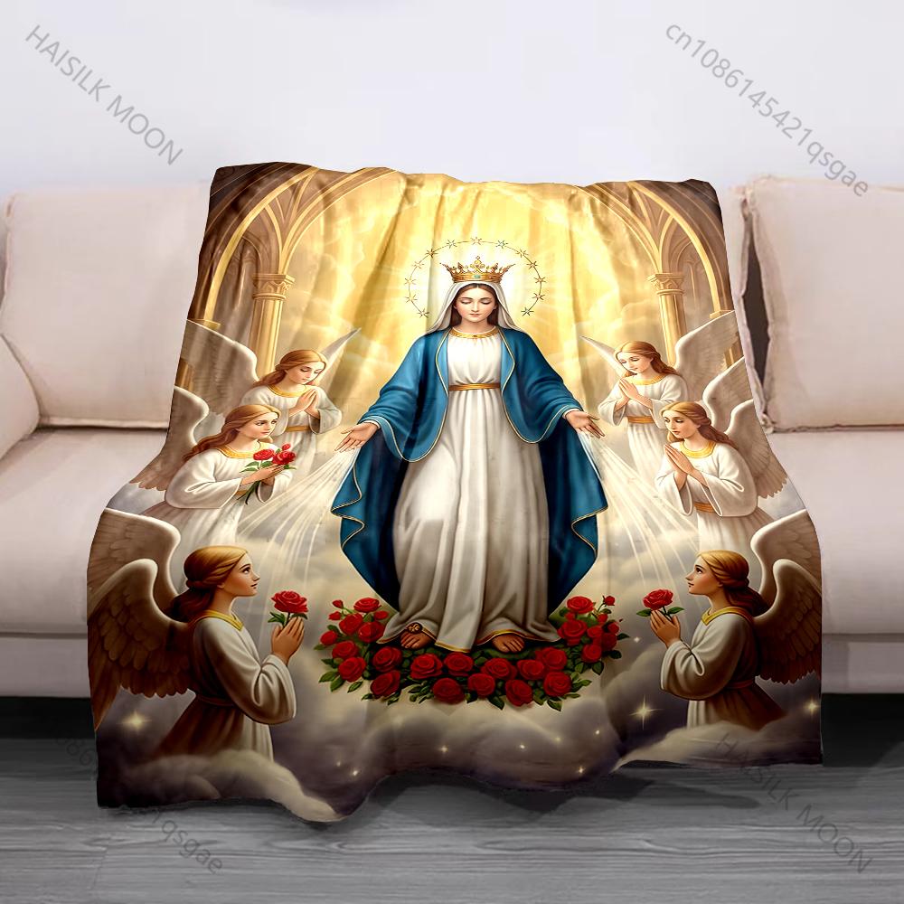 1PC Virgin Mary Surrounded by Angels Print Believer Pray Blanket Warm Soft Flannel Material Suitable for All Seasons Luxury Gift