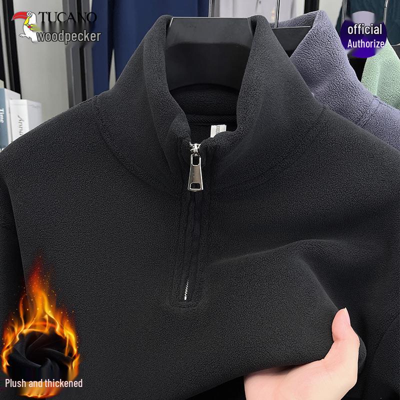 Woodpecker Men s Fleece Sweatshirt, Warm Stand Collar Half-Zip Pullover, Long Sleeve, Autumn/Winter. M, up to 60kg