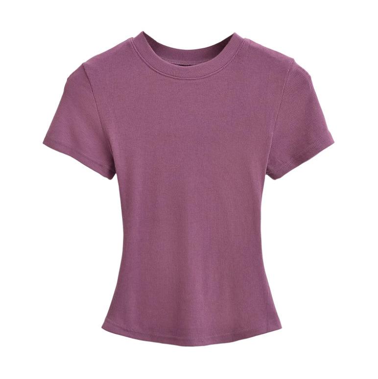 Summer New Female American Spice Girl Solid Color Crew Neck Short Sleeve T-Shirt Basic Threaded Bottom Top