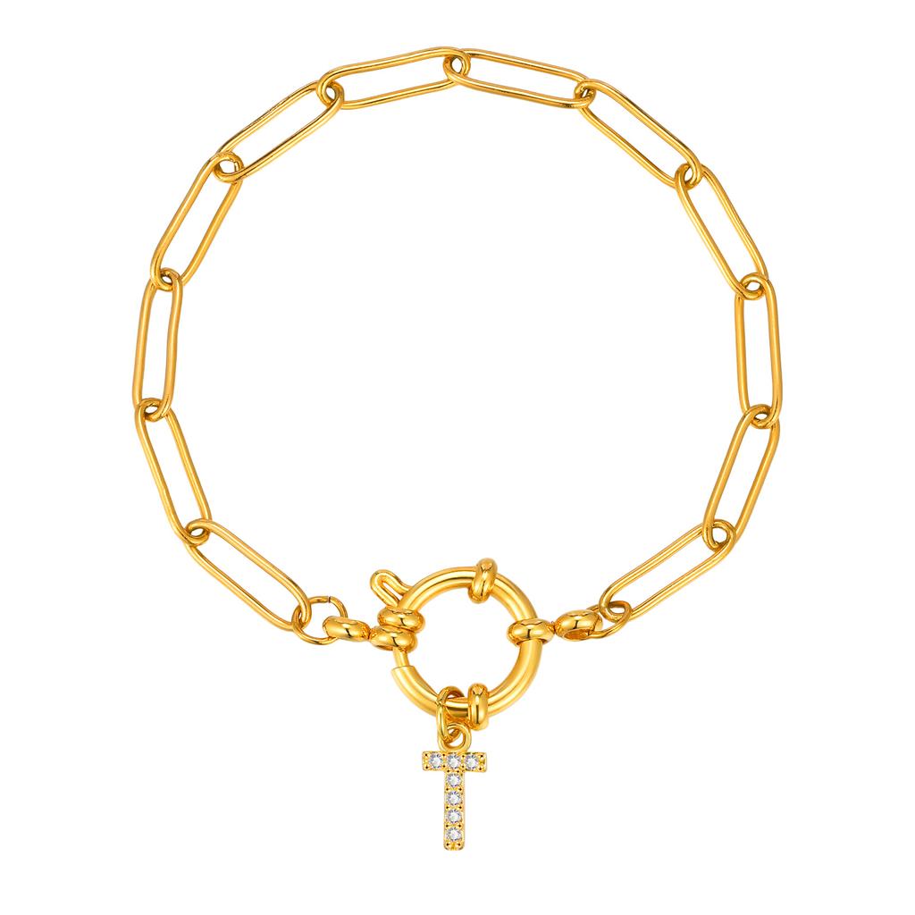 Bubble Buckle Zircon Initial A-Z Charm Bracelet, Stainless Steel Square Chain Bracelet for Women, 26 Letters Alphabet Jewelry