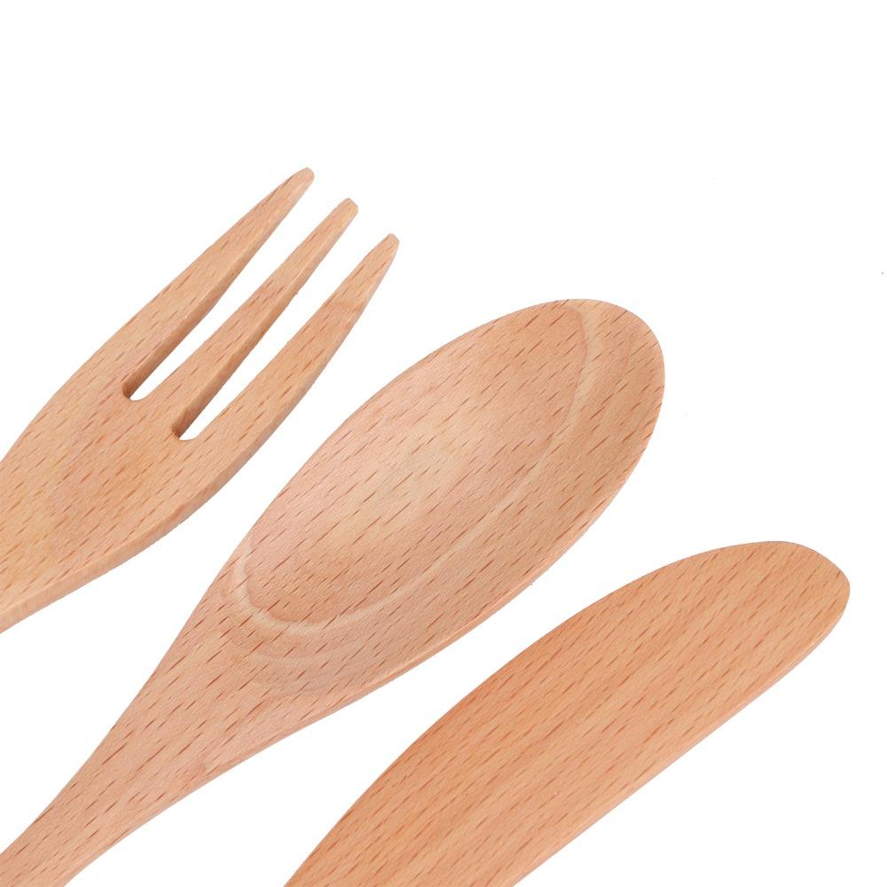 3Pcs Wood Grain Texture Tableware Set Solid Wood Dining Kit Utensil Pack  Table Decoration