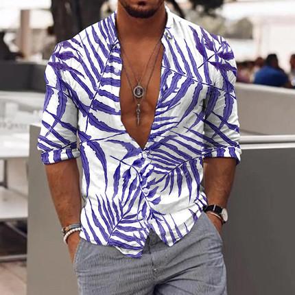 Camicia da uomo a maniche lunghe con stampa tropicale, stile casual da spiaggia