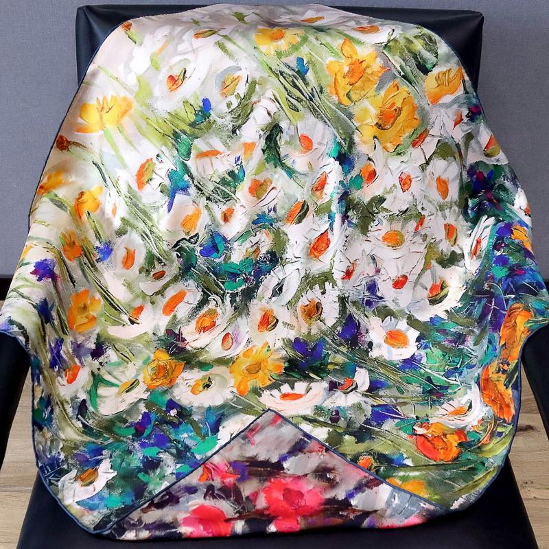 Oil painting flower double-sided printing mulberry silk silk scarf heavy silk 18 mmi twill 90 square scarf shawl 88*88cm