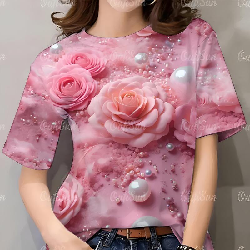 Summer Hot Sale Creative Personalized Flower 3D Print Short Sleeve Women's Fashionable round Neck T-Shirt Polyester Material