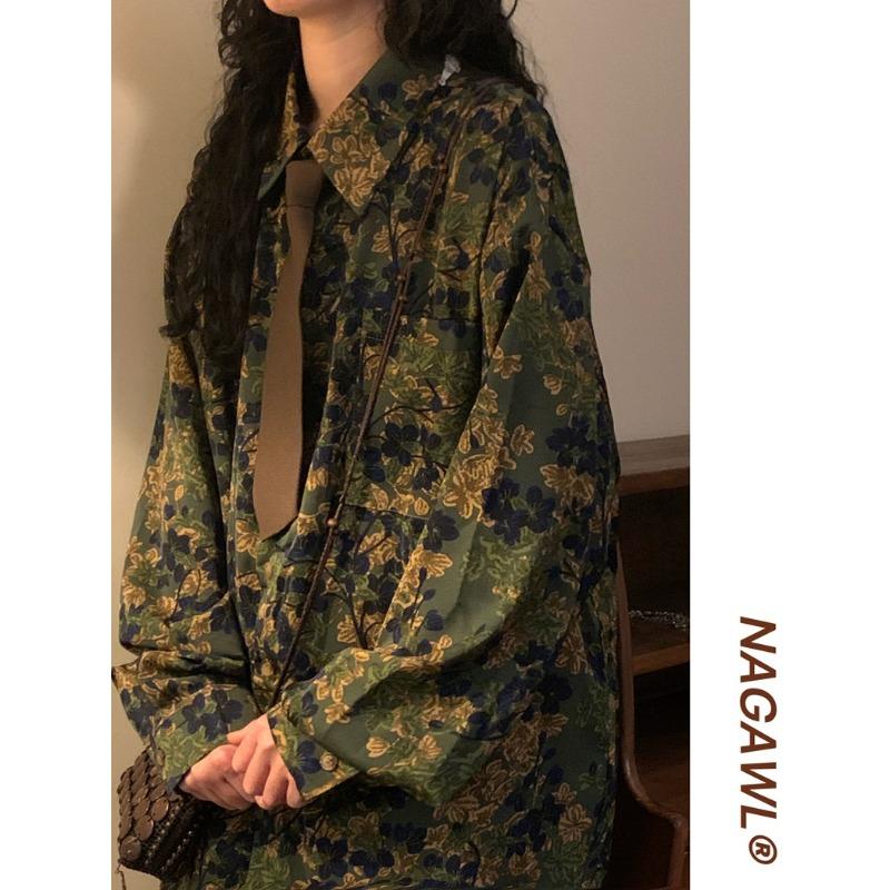 

Spring and Autumn Japanese Retro Lazy Style Shirts for Men and Women Leaf-printed Long-sleeved Floral Shirt Tops M зелёный