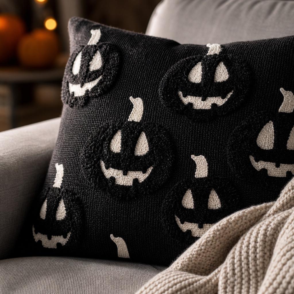 Halloween Pumpkin Decorative Cushion Cover Square Jacquard Fabric Pillowcase with Festive Pattern for Sofa Chair Bed