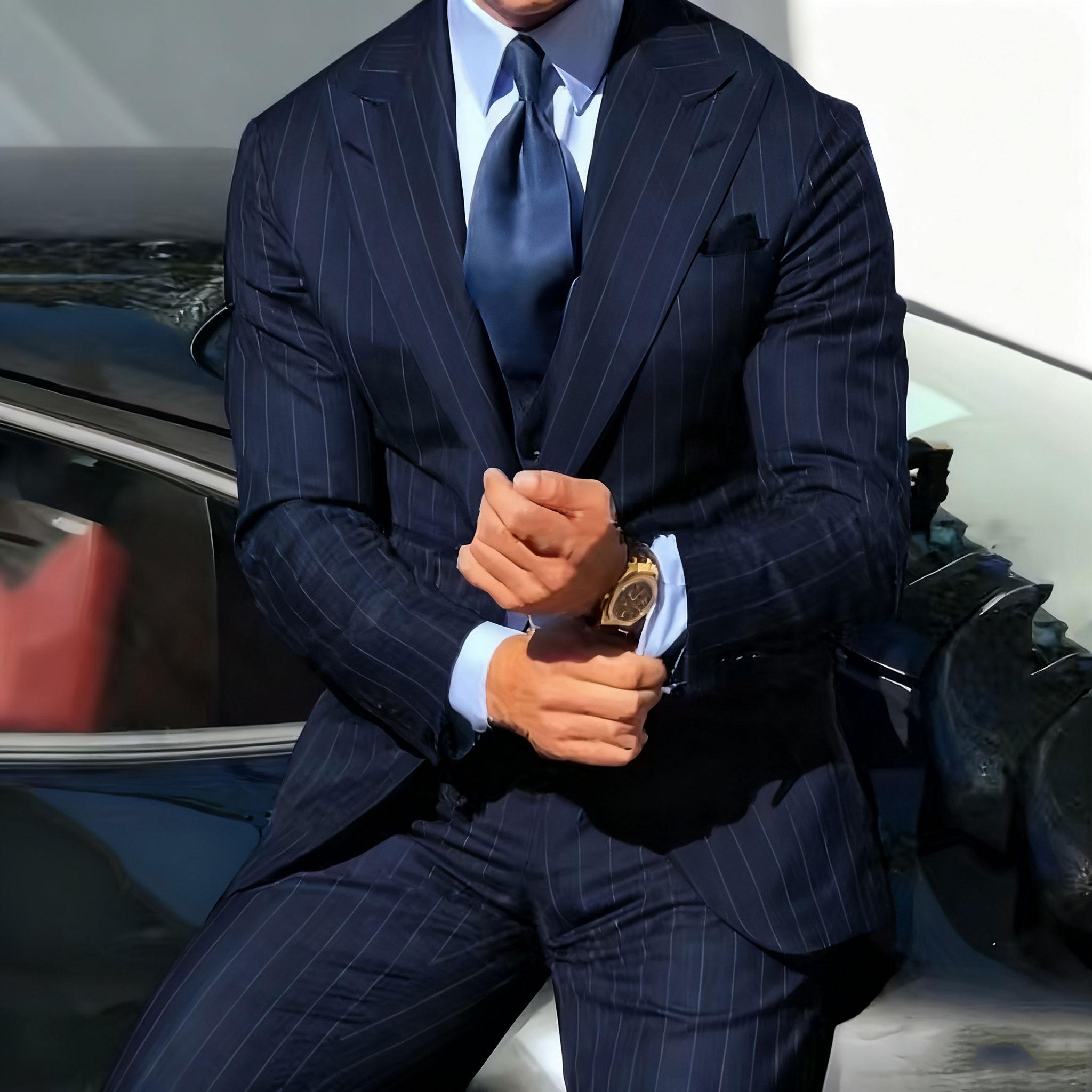 

Модные полосатые костюмы с остроконечными лацканами для мужчин, приталенный комплект-тройка с брюками, для вечеринки, выпускного вечера, жениха, свадьбы, смокинг Homme Pour Mariage 6XL янкиз синий