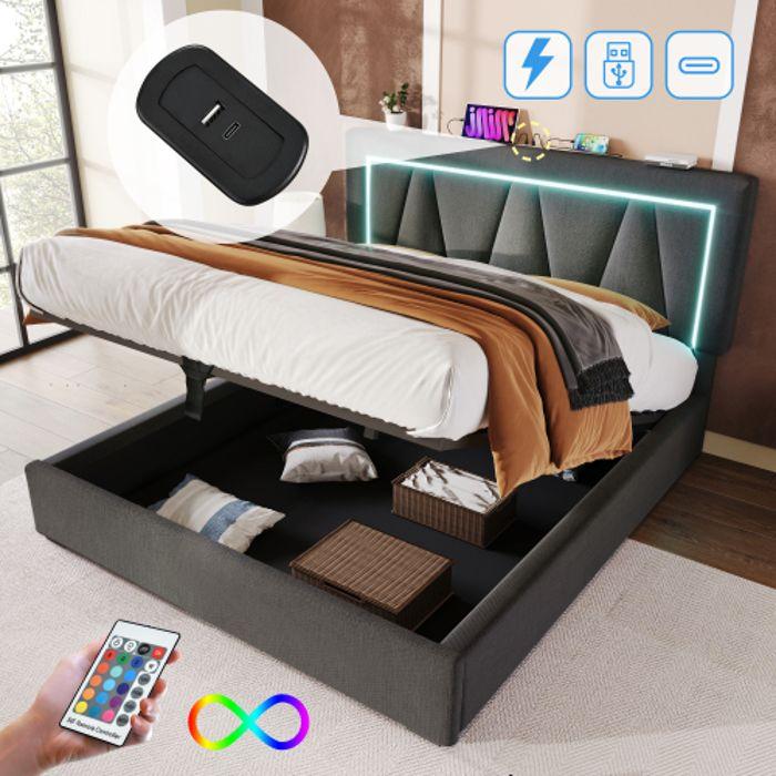 Lit LED Rembourré Avec USB Type C Et Éclairage LED, Cadre De Lit En Lin Avec Sommier À Lattes (avec Matelas) 140x200